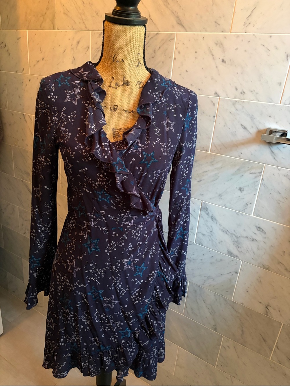 Paloma Blue brand Navy Star-Print Ruffle Wrap Dress, Long Sleeve